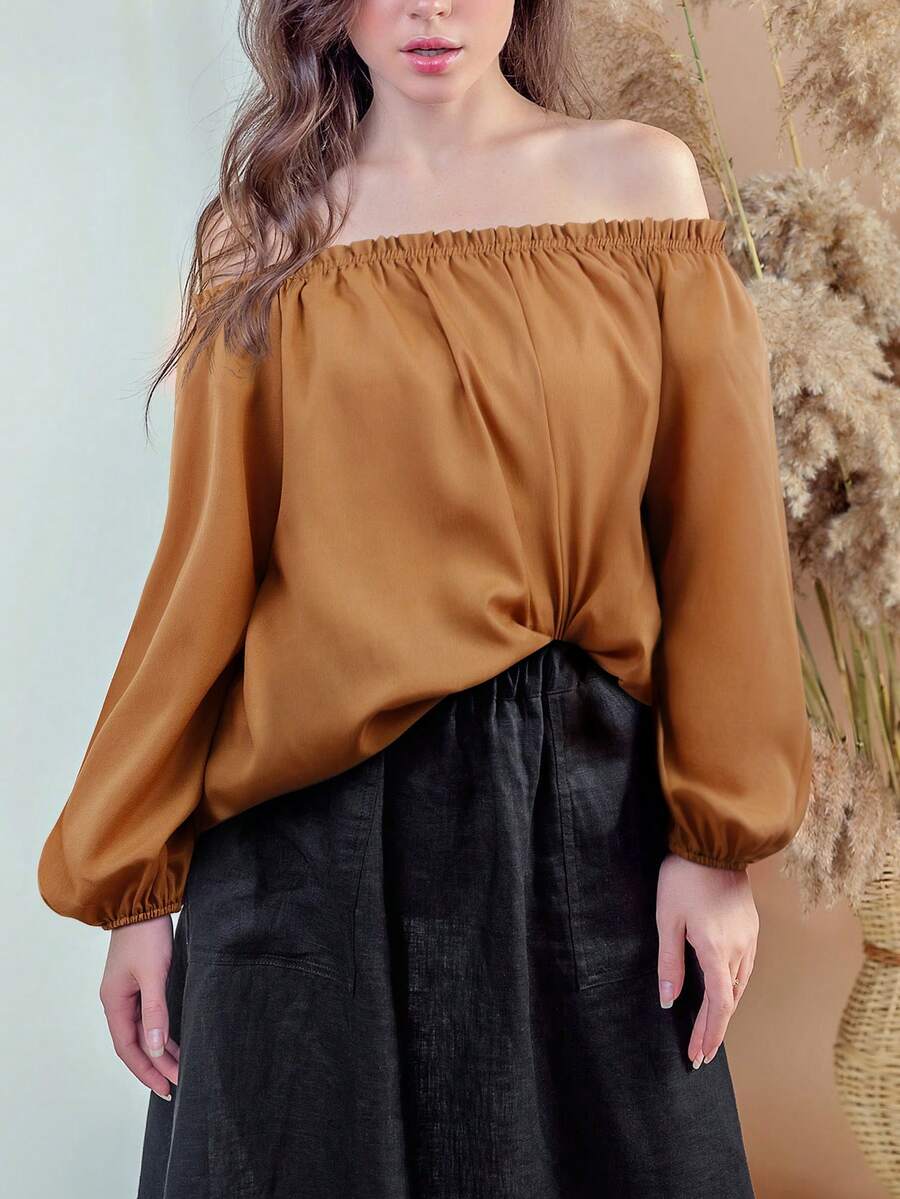 Áo kiểu trễ vai màu trơn có bèo nhún - Màu Khaki - Xem 1