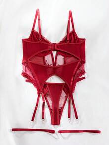 SHEIN Conjunto De Lencería Sexy De 3 Piezas De Encaje Y Malla Unidos - Burdeos - Ver 2