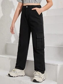 女童可愛休閒黑色牛仔工裝褲,適用於戶外活動 - 黑色 - 查看 1