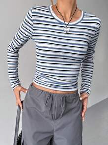 SHEIN EZwear Striped Print Crop Tee - Multicolor - View 1