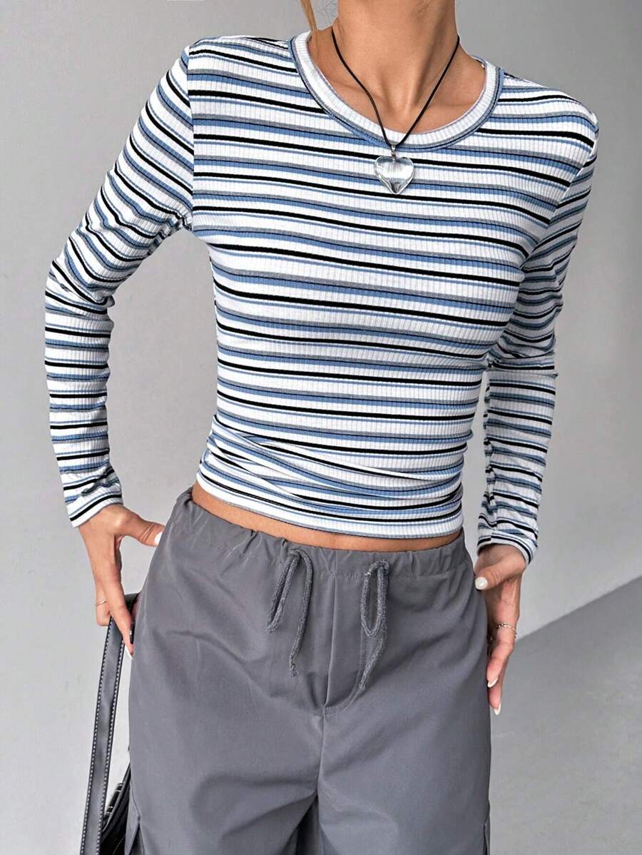 SHEIN EZwear Striped Print Crop Tee - Multicolor - View 1