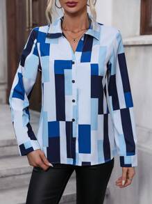 SHEIN Clasi Blusa de mujer con estampado y cuello en V, blusas de manga larga - Azul - Ver 3