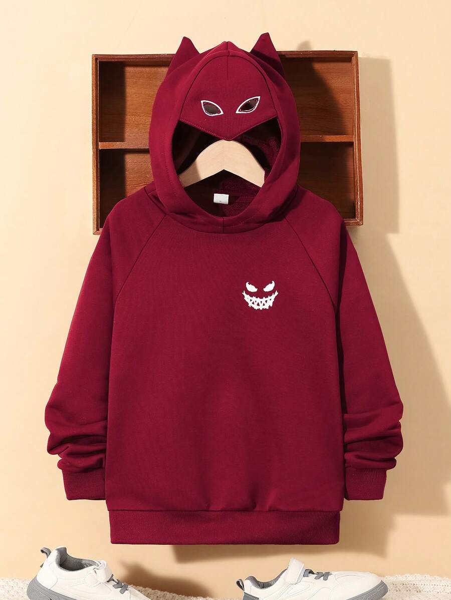 SHEIN 青少年男孩卡通图案3D耳朵设计卫衣 - 酒紅色 - 查看 1