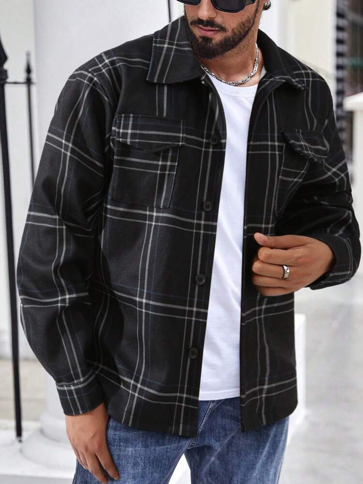 Men Plaid Flap Pocket Overcoat