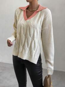 SHEIN LUNE Của phụ nữ Nối Cổ bò Xoắn Dan Thả vai Cái nĩa cao Hem Áo len - Nhiều màu - Xem 5