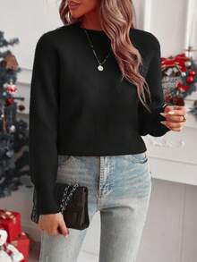 SHEIN LUNE 女士純色拉格蘭袖毛衣 - 黑色 - 查看 4