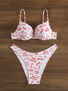 SHEIN Swim 2pcs/Set Cute Cartoon Letter Print Bikini Set, Vacation Bikini Summer Beach - Multicolor - View 7