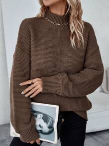 SHEIN Essnce Half Turtleneck Cold Shoulder Sweater - Camel - View 1