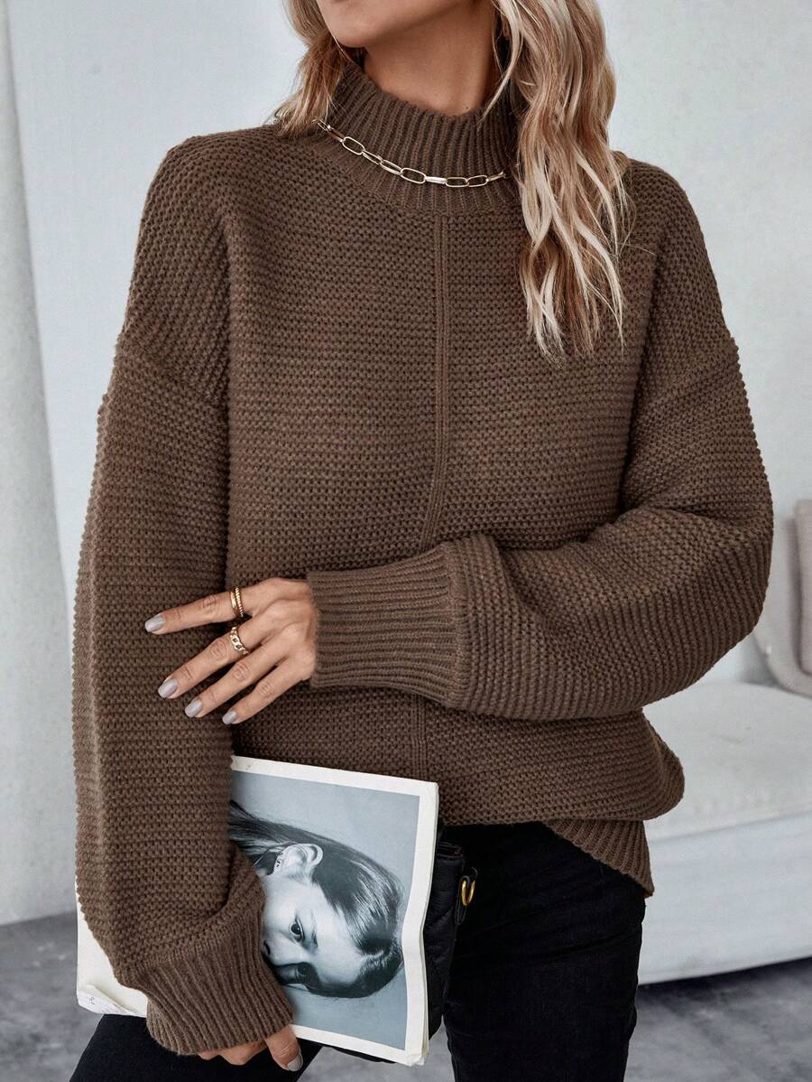 SHEIN Essnce Half Turtleneck Cold Shoulder Sweater - Camel - View 1