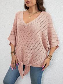 SHEIN LUNE Hơn Dệt kim chấm bi tay cánh Nút viền Áo len - Hồng - Xem 4