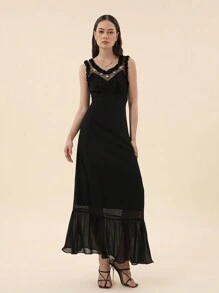 SHEIN Privé Floral Embroidered Mesh Insert Ruffle Hem Dress - Black - View 1