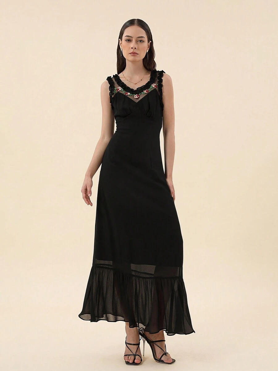 SHEIN Privé Floral Embroidered Mesh Insert Ruffle Hem Dress - Black - View 1