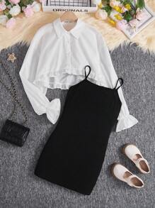 SHEIN Teen Girl Flounce Sleeve Blouse & Cami Dress - Black and White - View 1