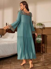 女士刺繡網布落肩睡衣連身裙 - 綠色 - 查看 2