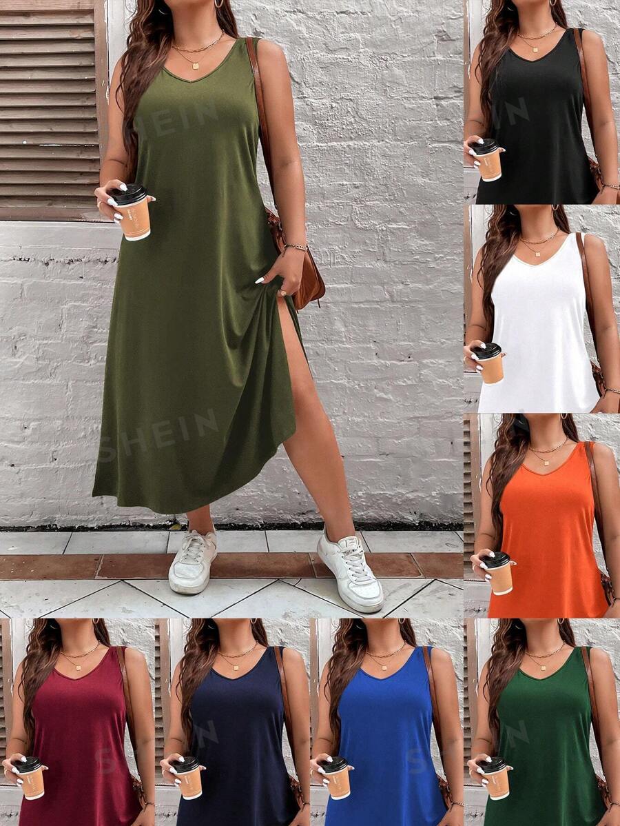 EMERY ROSE Vestido-tanque con cuello en V dividido de talla grande para mujer