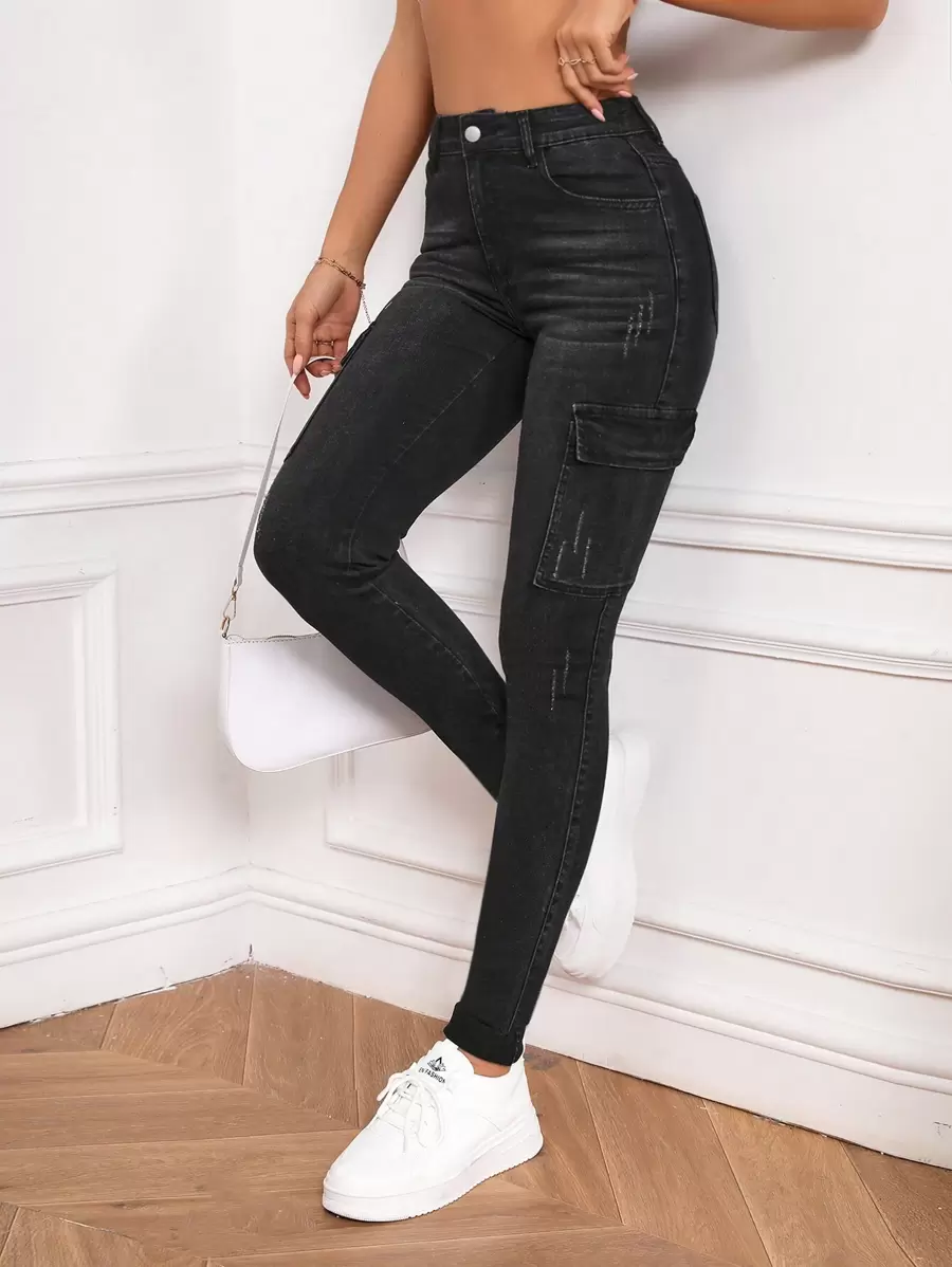 SHEIN Tall Flap Pocket Side Cargo Jeans - Black - View 1