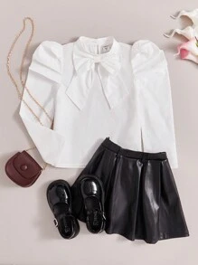 SHEIN 女童合身學院風衬衫,羊腿袖設計並飾有大蝴蝶結 - 白色 - 查看 2