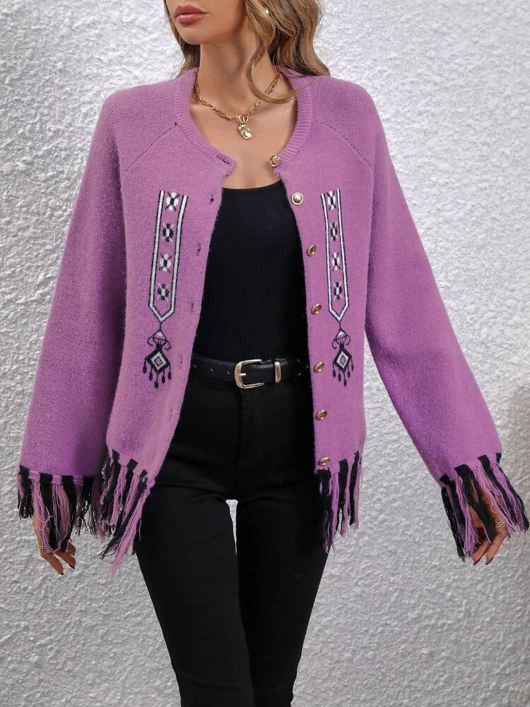 Ladies' Fringe Edge Decor Raglan Sleeve Long Sleeve Cardigan