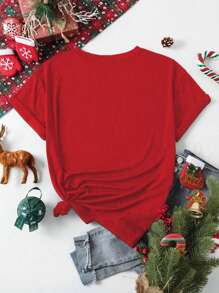 SHEIN EZwear Camiseta Impresa De Navidad Para Mujer - Rojo - Ver 2