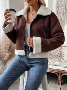 SHEIN LUNE Khối màu Teddy Vòng cổ Áo khoác - Cà phê nâu - Xem 4