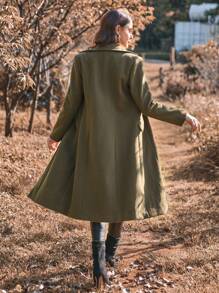 SHEIN Clasi 女式鑲邊立領長袖羊毛外套 - 軍綠色 - 查看 2