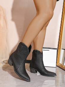 時尚尖頭、厚底、編織細節、西部風格、中筒女休閒靴 - 黑色 - 查看 1