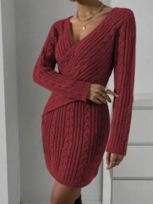 Chiquease 女款交叉領毛衣修身連身裙