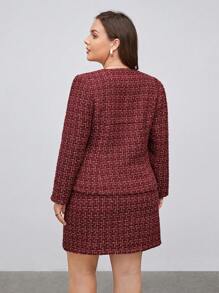 BizChic Hơn Hoa văn kẻ sọc Cổ vuông Tweed Áo khoác & Váy - Đỏ - Xem 2
