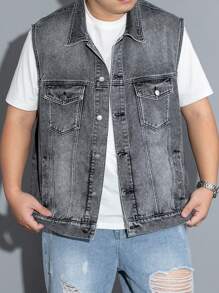 Manfinity Hypemode 男式翻領口袋牛仔馬甲,不含衬衫 - 灰色 - 查看 1