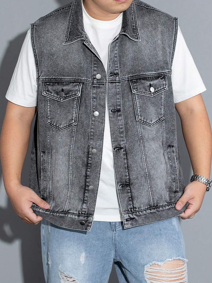 Manfinity Hypemode 男式翻領口袋牛仔馬甲,不含衬衫 - 灰色 - 查看 1