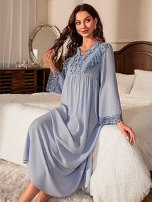 花卉刺繡荷葉邊睡裙 - 藍色 - 查看 4