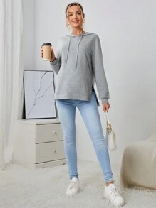 SHEIN Áo nỉ bầu vai rớt, xẻ gấu, có dây rút - Màu Xám nhạt - Xem 6