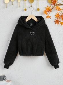 SHEIN EZwear 加大码爱心刺绣落肩泰迪熊卫衣 - 黑色 - 查看 1