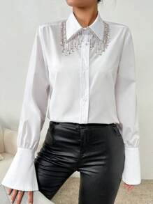 SHEIN Privé Women's Rhinestone Decor Fringed Lantern Sleeve Shirt - White - View 3