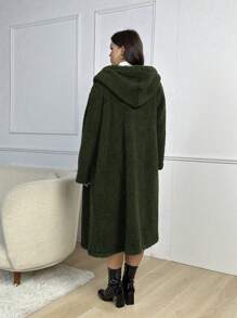Plus Size Double-breasted Hooded Plush Coat With Slanted Pockets - Army Green - View 2