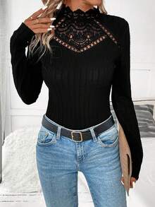 SHEIN Clasi Guipure Ren tương phản Cổ giả Áo thun - màu đen - Xem 6
