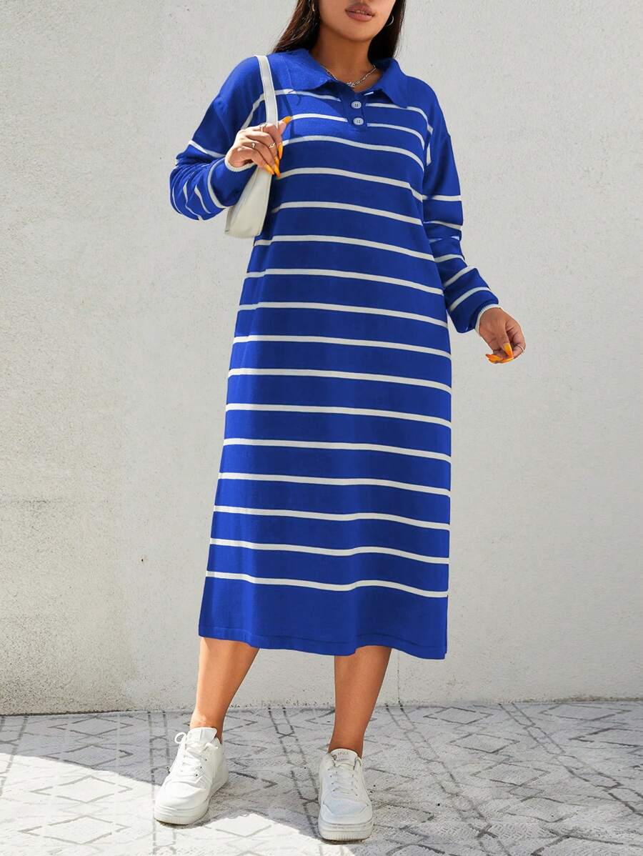 SHEIN Cottnline Plus Size Striped Pattern Polo Neck Sweater Dress - Royal Blue - View 1