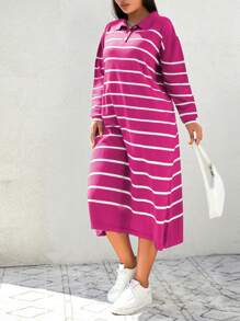 SHEIN Cottnline Vestido De Cuello De Polo A Rayas De Talla Grande - Rosa Fucsia - Ver 5