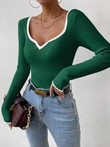 Chiquease 撞色包边心形领毛衣，长袖针织套头衫，秋冬毛衣 - 墨綠色 - 查看 4