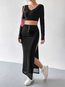 SHEIN EZwear 網眼短上衣和裙子套裝 - 黑色 - 查看 1