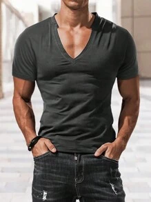 Men's Solid Color Casual Summer Street V-Neck Short Sleeve T-Shirt - Dark Grey - View 1