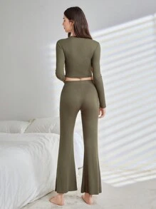 Ocili 2 件/套純色圓領長袖 T 恤和褲子家居服套裝 - 白色 - 查看 2