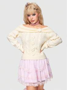 ROMWE Kawaii Cable Knitted Off Shoulder Sweater, Pullover - Apricot - View 3