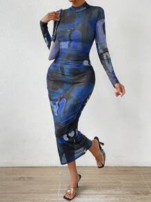 SHEIN Privé Allover Print Mock Neck Bodycon Dress - Blue - View 1