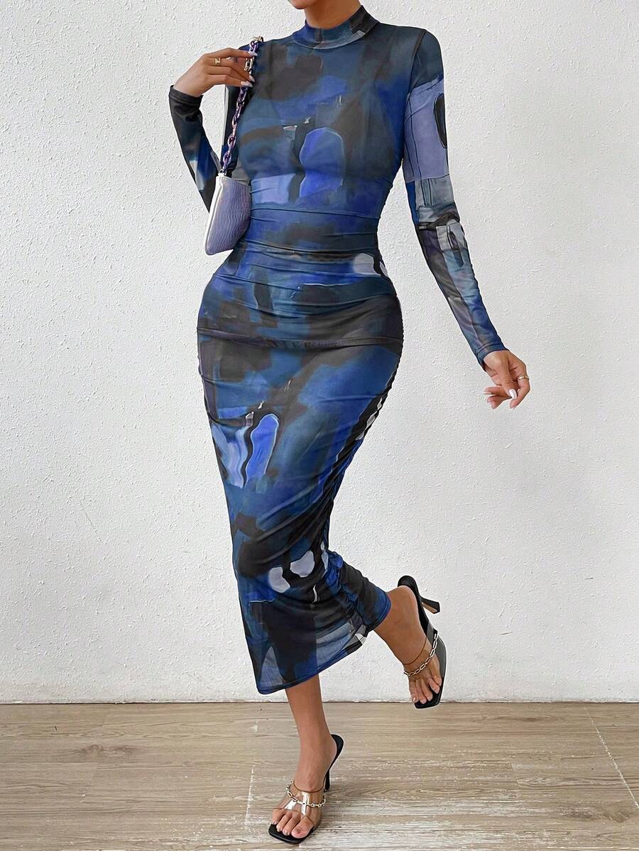 SHEIN Privé Allover Print Mock Neck Bodycon Dress - Blue - View 1