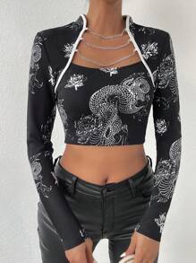 Allurite Rồng In Chi tiết chuỗi 2 trong1 Áo thun - màu đen - Xem 6