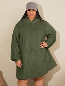 SHEIN CURVE+ Đầm nỉ kiểu gấu bông thiết kế tai 3D, vai rớt, cỡ lớn - xanh quân đội - Xem 5