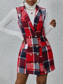 Chiquease Plaid Double-breasted Vest Suit Jacket - Red - View 5