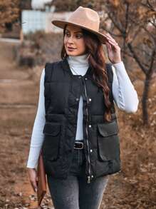 SHEIN LUNE Women's Sleeveless Jacket With Flap Pockets And Baseball Collar Design - Black - View 1