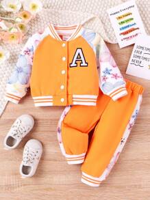 嬰兒女孩花卉印花字母繡補拼接針織外套和褲子套裝 - 橘色 - 查看 2